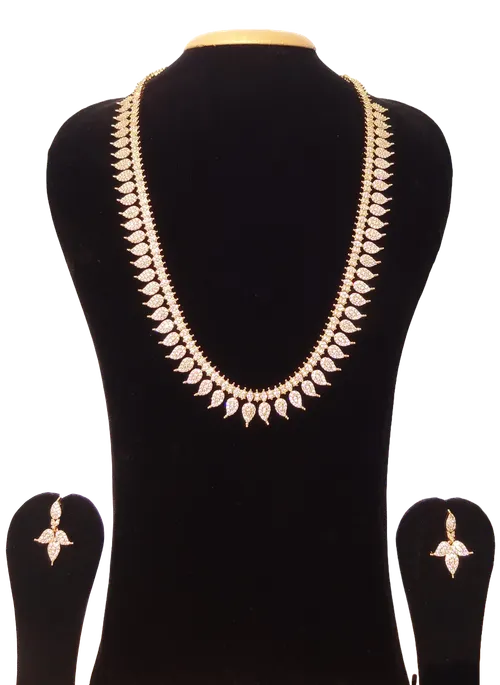 American Diamond Micro Gold Plated Leaf Mango Pattern Long adjustable Haram Jewellery Necklace Set